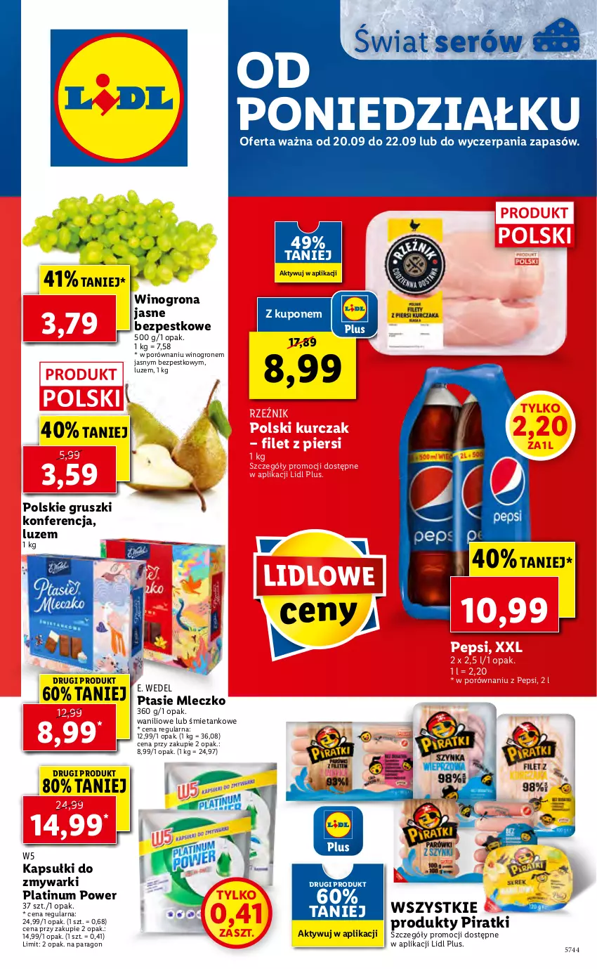 Gazetka promocyjna Lidl - GAZETKA - ważna 20.09 do 22.09.2021 - strona 1 - produkty: E. Wedel, Gruszki, Kurczak, Mleczko, Pepsi, Por, Ptasie mleczko, Ser, Wino, Winogrona, Zmywarki