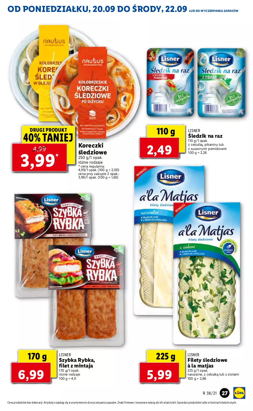 Gazetka promocyjna Lidl - GAZETKA - ważna 20.09 do 22.09.2021 - strona 27 - produkty: Filet z mintaja, Koreczki śledziowe, Lisner, Matjas, Mintaj