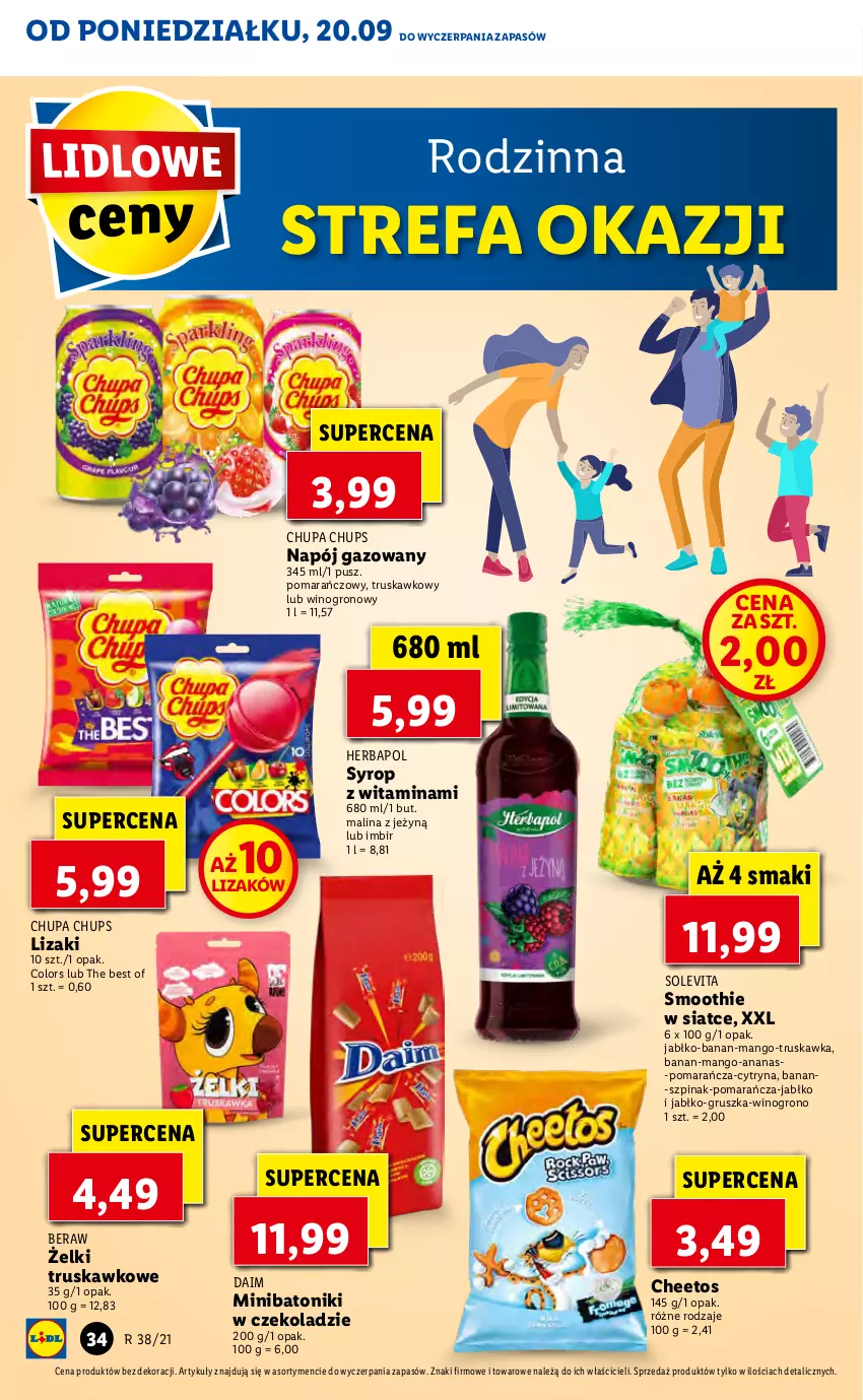 Gazetka promocyjna Lidl - GAZETKA - ważna 20.09 do 22.09.2021 - strona 34 - produkty: Ananas, Baton, Cheetos, Chupa Chups, Fa, Herbapol, Imbir, Lizaki, Mango, Napój, Napój gazowany, Smoothie, Syrop, Szpinak, Tonik, Wino