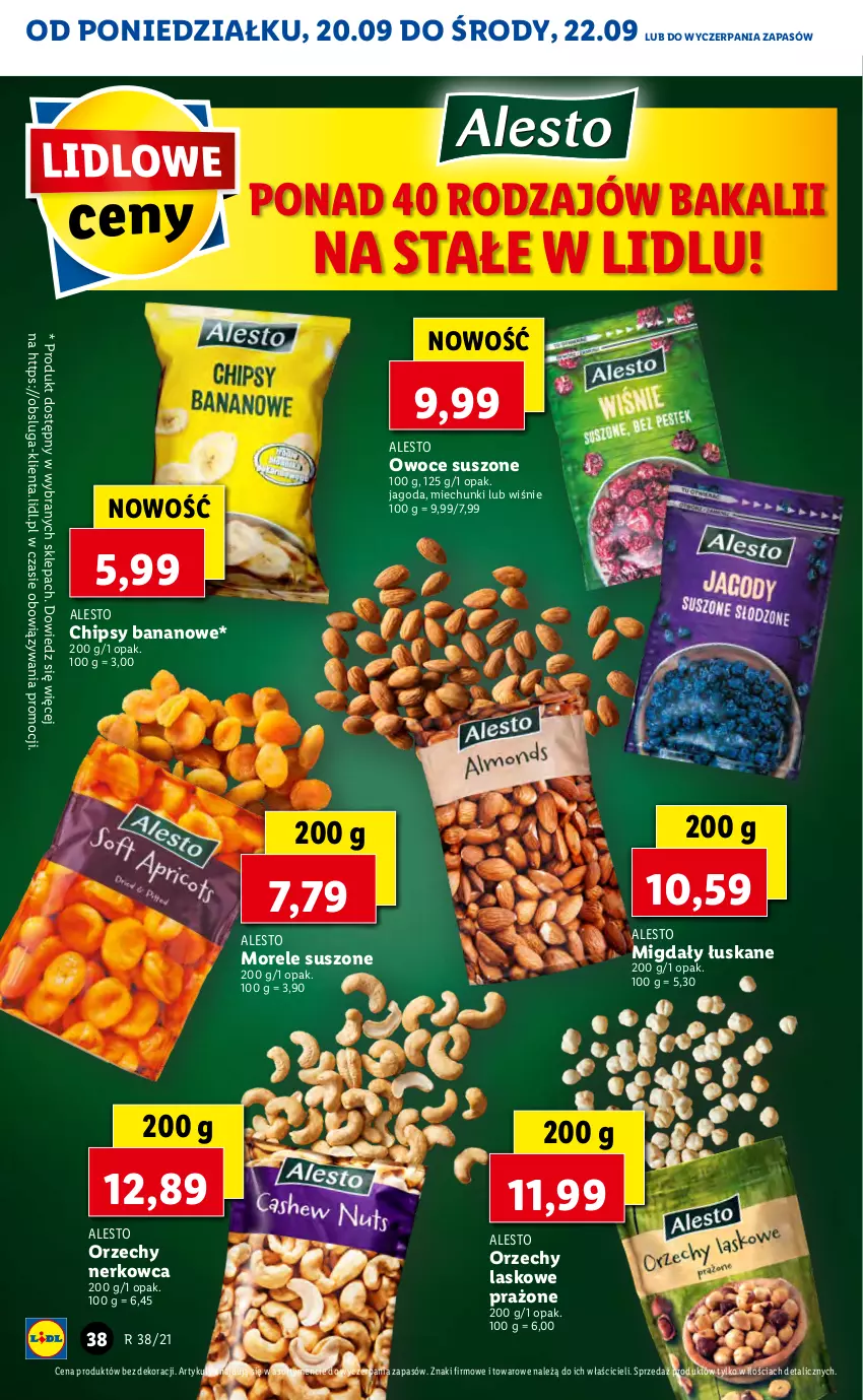 Gazetka promocyjna Lidl - GAZETKA - ważna 20.09 do 22.09.2021 - strona 38 - produkty: Chipsy, Migdały, Migdały łuskane, Owoce, Owoce suszone