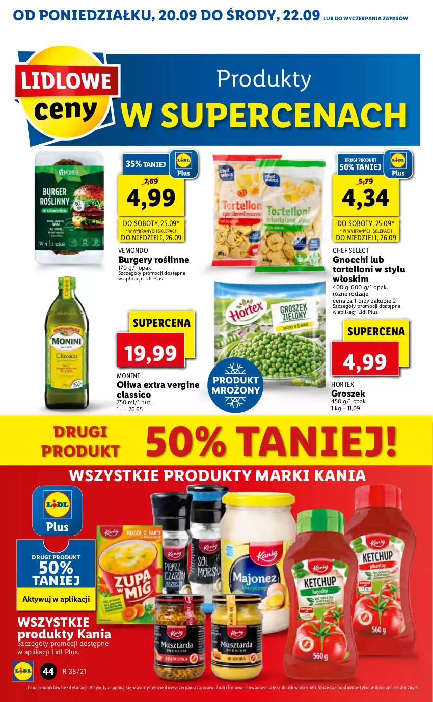 Gazetka promocyjna Lidl - GAZETKA - ważna 20.09 do 22.09.2021 - strona 44 - produkty: Burger, Gin, Gnocchi, Groszek, Hortex, Monini, Tortelloni