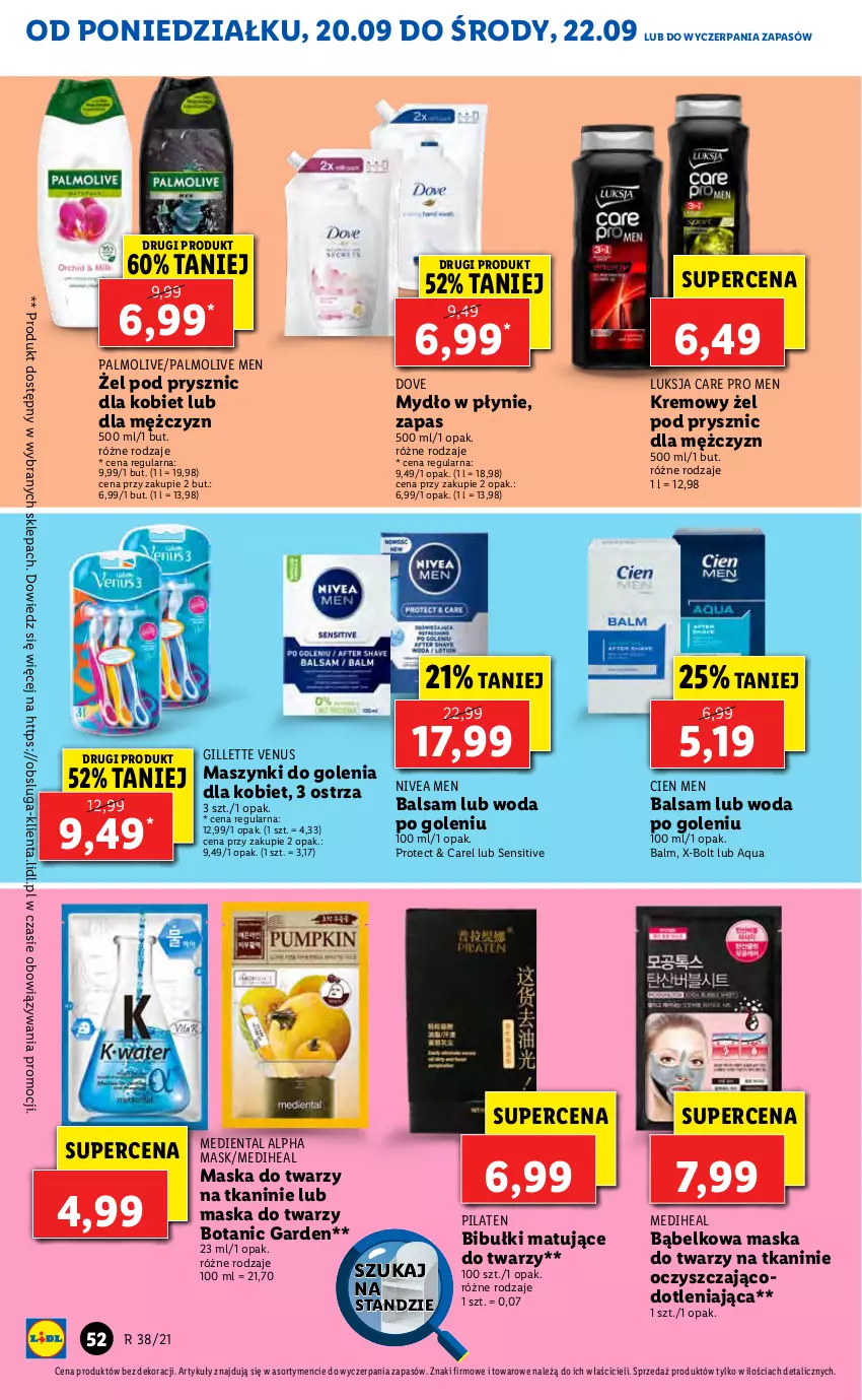 Gazetka promocyjna Lidl - GAZETKA - ważna 20.09 do 22.09.2021 - strona 52 - produkty: Bibułki, Bibułki matujące do twarzy, Dove, Gillette, Gillette Venus, Luksja, Maska, Maska do twarzy, Mydło, Mydło w płynie, Nivea, Nivea Men, Palmolive, Venus, Woda, Woda po goleniu