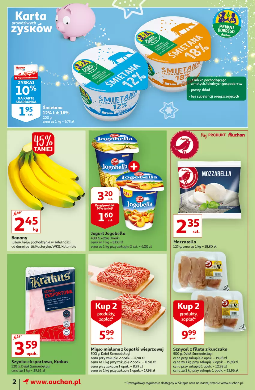 Gazetka promocyjna Auchan - Magia cenowa Moje Auchan - ważna 18.11 do 24.11.2021 - strona 2 - produkty: Banany, Bell, Bella, Jogobella, Jogurt, Krakus, Kurczak, Mięso, Mięso mielone, Mięso mielone z łopatki wieprzowej, Mozzarella, Por, Sport, Szynka