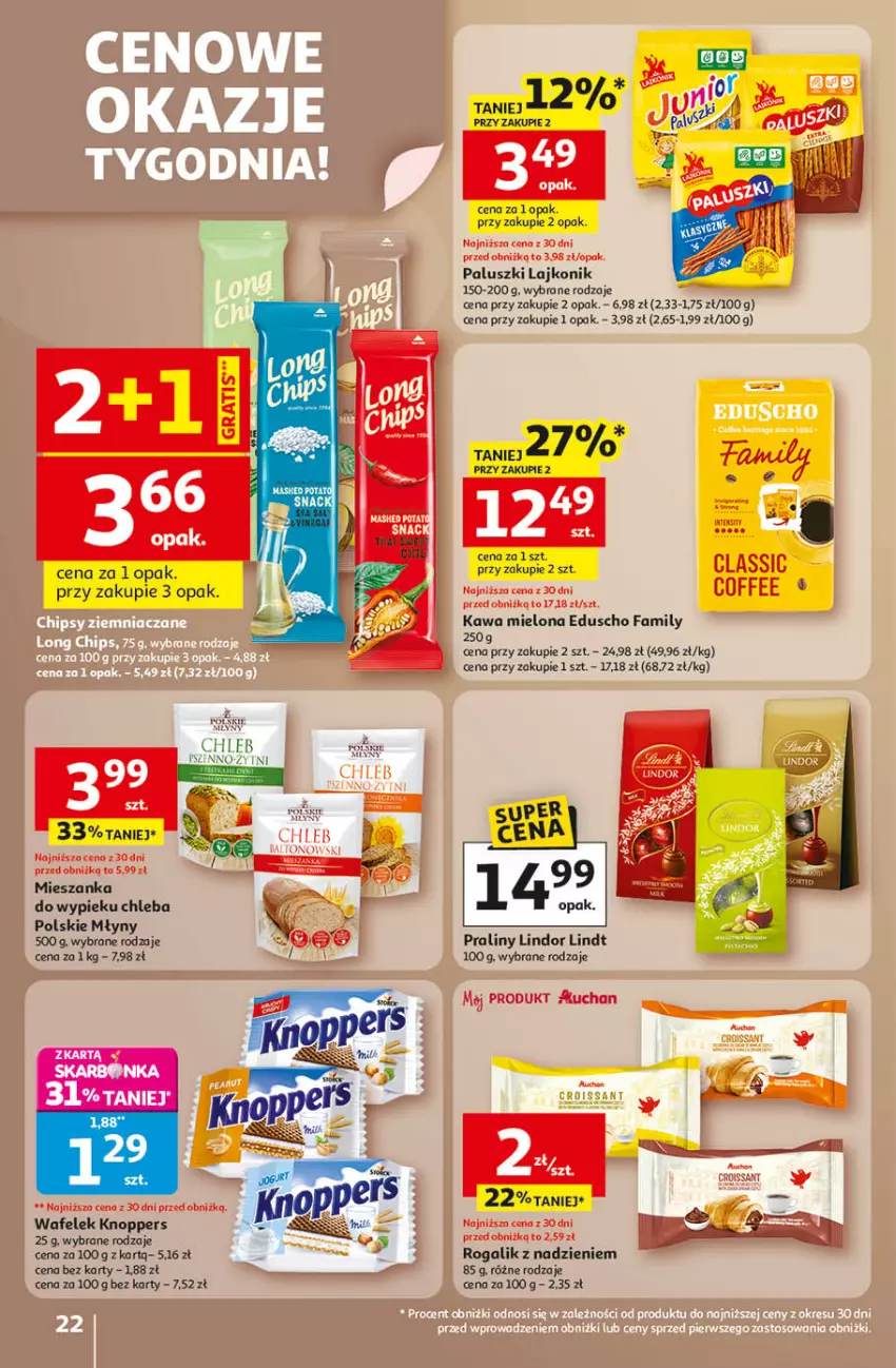 Gazetka promocyjna Auchan - Gazetka Wielkie Przeboje Cenowe Hipermarket Auchan - ważna 02.01 do 07.01.2026 - strona 22 - produkty: Chleb, Croissant, Fa, Kawa, Kawa mielona, Knoppers, Lajkonik, Lindor, Lindt, Polskie Młyny, Praliny, Rogal, Wafelek