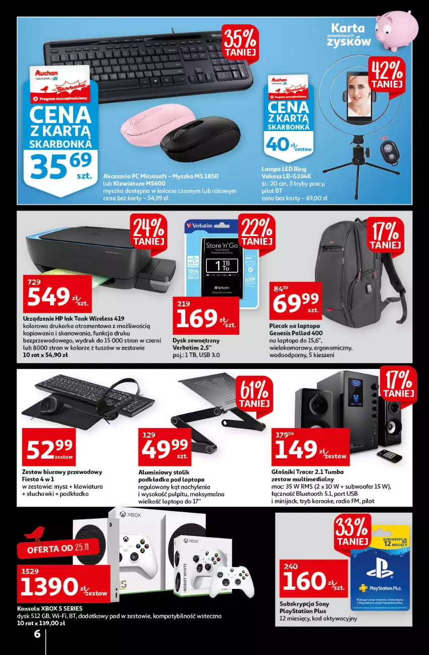 Gazetka promocyjna Auchan - Black Week - ważna 22.11 do 28.11.2021 - strona 6 - produkty: Acer, Biuro, Drukarka, Głośnik, HP, Klawiatura, Konsola, Mysz, PlayStation, Plecak, Podkład, Podkładka, Por, Robot, Ser, Słuchawki, Sok, Sony, Stolik, Subwoofer, Top, Tusz, Xbox