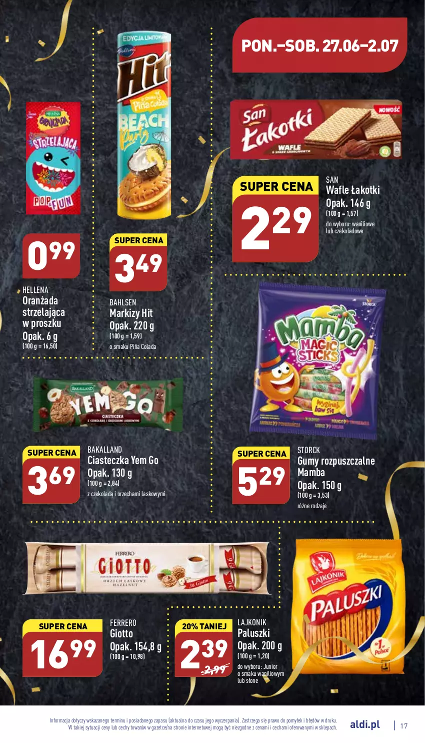 Gazetka promocyjna Aldi - Pełny katalog - ważna 27.06 do 02.07.2022 - strona 17 - produkty: Bakalland, Ferrero, Hellena, Lajkonik, Mamba, Oranżada, Piña Colada, Wafle