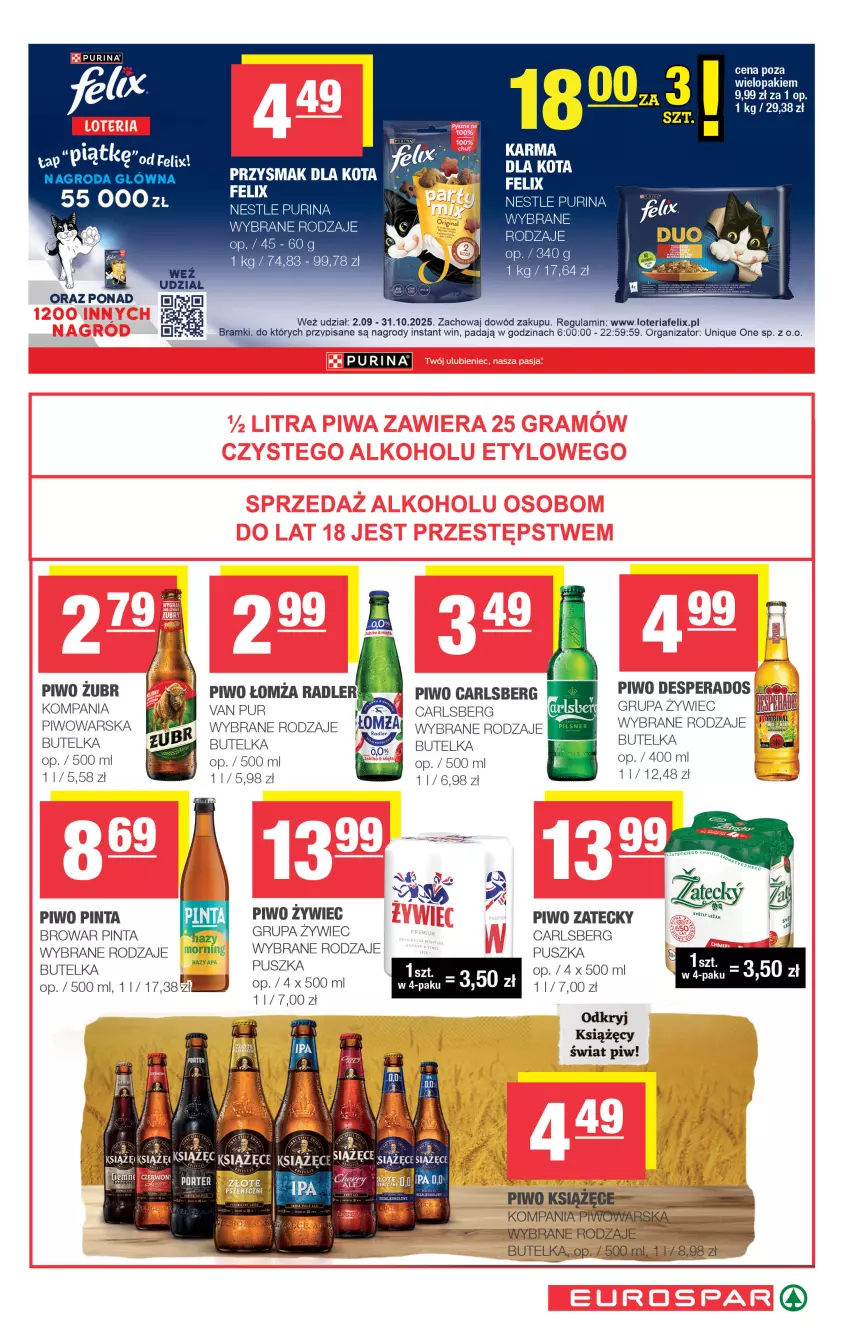 Gazetka promocyjna Spar - EuroSpar - ważna 07.09 do 17.09.2025 - strona 15 - produkty: Carlsberg, Desperados, Felix, Książęce, Piwo, Przysmak dla kota, Pur, Purina, Radler