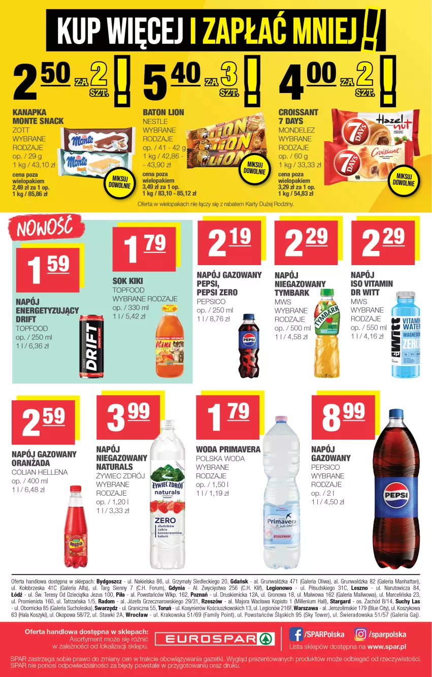 Gazetka promocyjna Spar - EuroSpar - ważna 07.09 do 17.09.2025 - strona 16 - produkty: 7 Days, Baton, Dzieci, Fa, Gra, Kosz, Lion, Monte, Napój, Napój gazowany, Pepsi, Prima, Primavera, Rum, Sok, Top, Tymbark, Woda, Zott