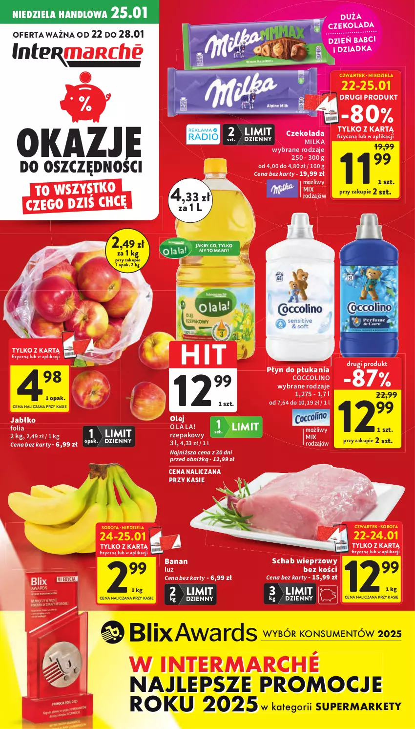Gazetka promocyjna Intermarche - Gazetka Intermarche - ważna 22.01 do 28.01.2026 - strona 1 - produkty: Coccolino, Czekolada, Milka, Olej, Płyn do płukania, Schab wieprzowy