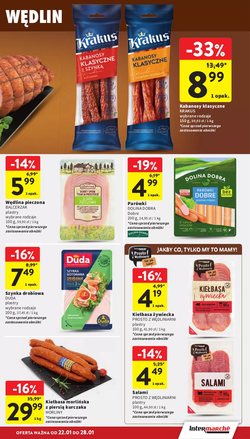 Gazetka promocyjna Intermarche - Gazetka Intermarche - ważna 22.01 do 28.01.2026 - strona 19 - produkty: Duda, Kabanos, Kiełbasa, Krakus, Kurczak, Morliny, Parówki, Piec, Salami, Szynka, Wędlina