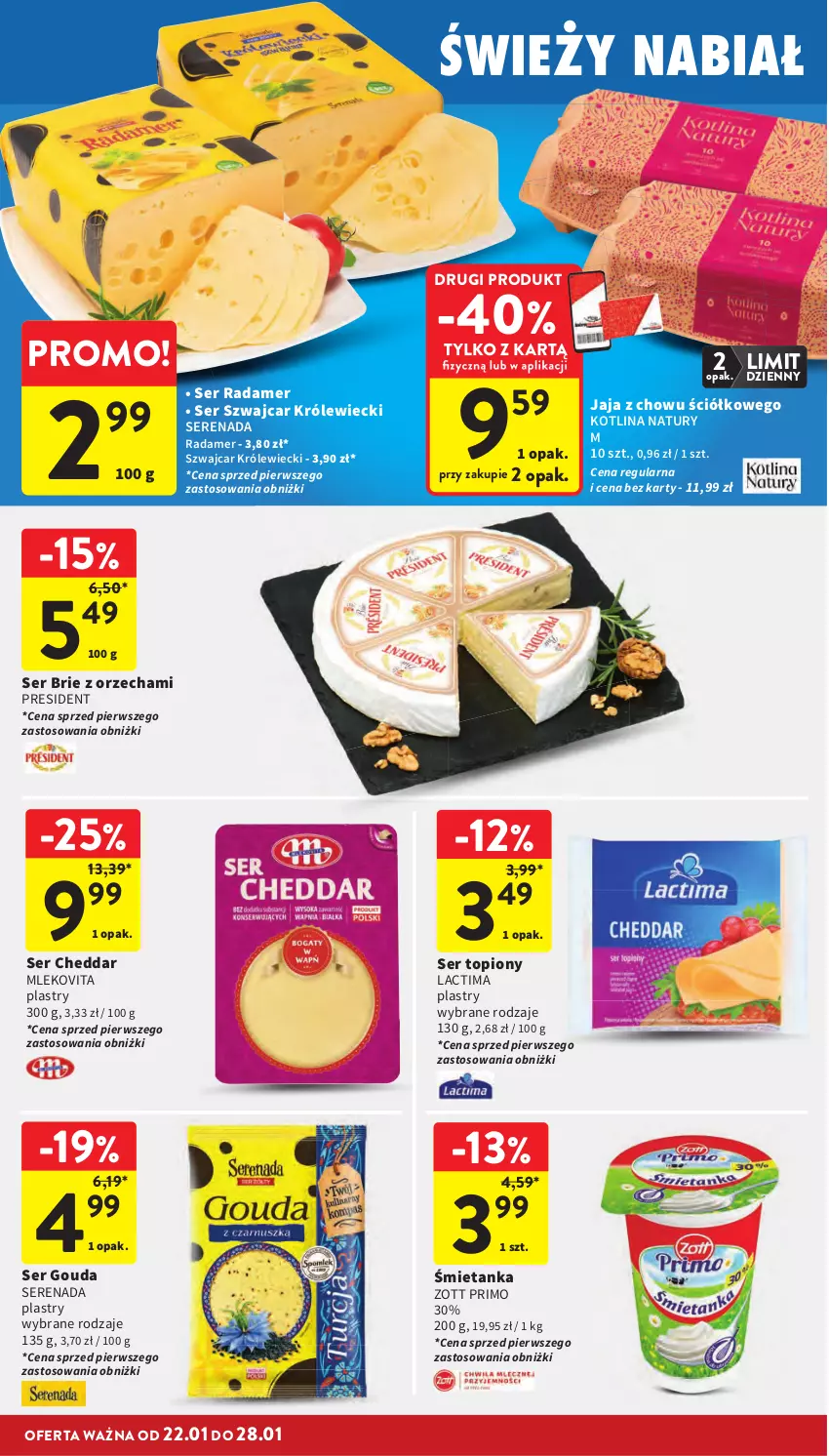 Gazetka promocyjna Intermarche - Gazetka Intermarche - ważna 22.01 do 28.01.2026 - strona 24 - produkty: Brie, Cheddar, Gouda, Jaja, Kotlin, Mleko, Mlekovita, Radamer, Ser, Ser topiony, Top, Zott, Zott Primo