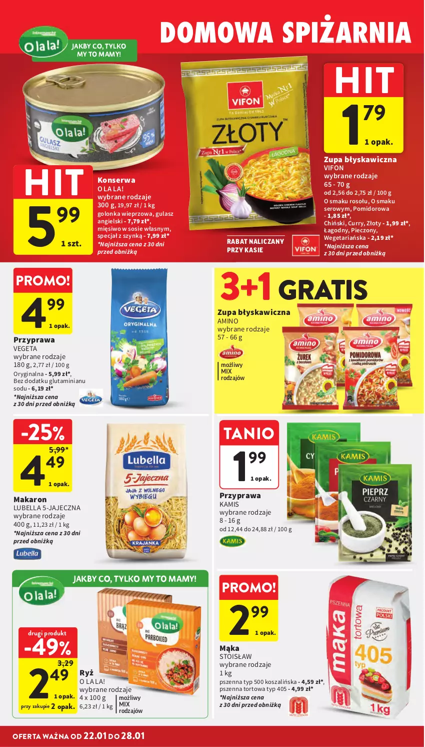 Gazetka promocyjna Intermarche - Gazetka Intermarche - ważna 22.01 do 28.01.2026 - strona 28 - produkty: Bell, Bella, Gin, Golonka wieprzowa, Gra, Kamis, Kosz, Lubella, Mąka, Makaron, Piec, Ryż, Ser, Sos, Szal, Vegeta, Zupa
