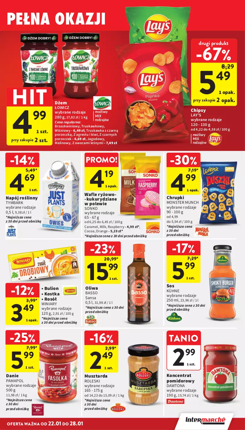 Gazetka promocyjna Intermarche - Gazetka Intermarche - ważna 22.01 do 28.01.2026 - strona 29 - produkty: Bulion, Chipsy, Chrupki, Dawtona, Dżem, Gres, Kiwi, Koncentrat pomidorowy, Lion, Monster Munch, Mus, Musztarda, Napój, Napój roślinny, Por, Rosół, Ryż, Sonko, Sos, Tymbark, Wafle, Winiary