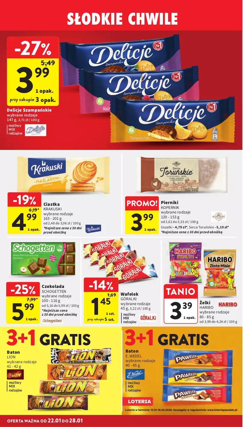 Gazetka promocyjna Intermarche - Gazetka Intermarche - ważna 22.01 do 28.01.2026 - strona 30 - produkty: Baton, Ciastka, Czekolada, Delicje, E. Wedel, Góralki, Gra, Haribo, Krakus, Krakuski, Lion, Piernik, Schogetten, Ser, Wafelek