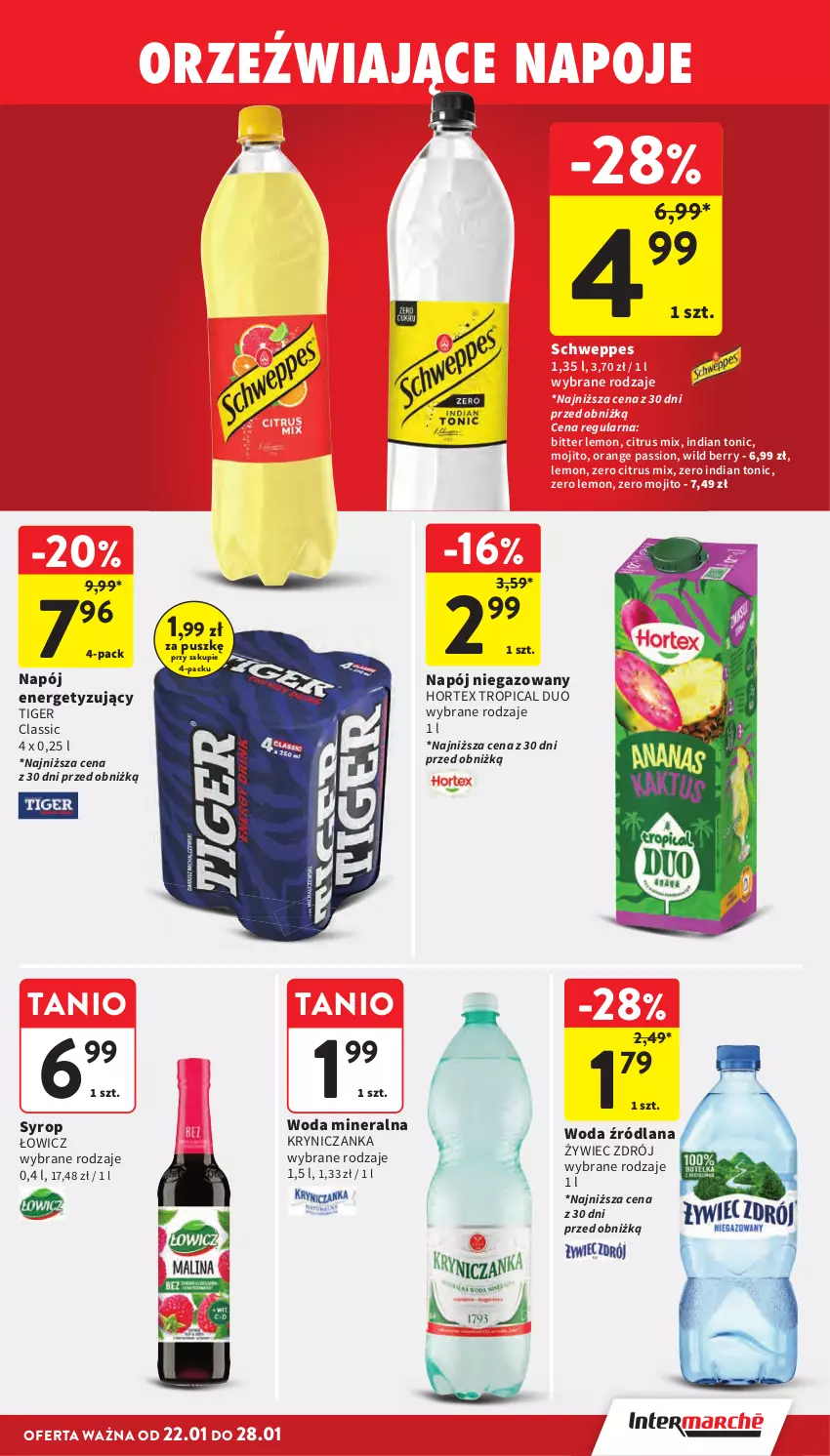 Gazetka promocyjna Intermarche - Gazetka Intermarche - ważna 22.01 do 28.01.2026 - strona 33 - produkty: Hortex, LANA, Napój, Napój niegazowany, Napoje, Schweppes, Syrop, Tiger, Tropical, Woda, Woda mineralna