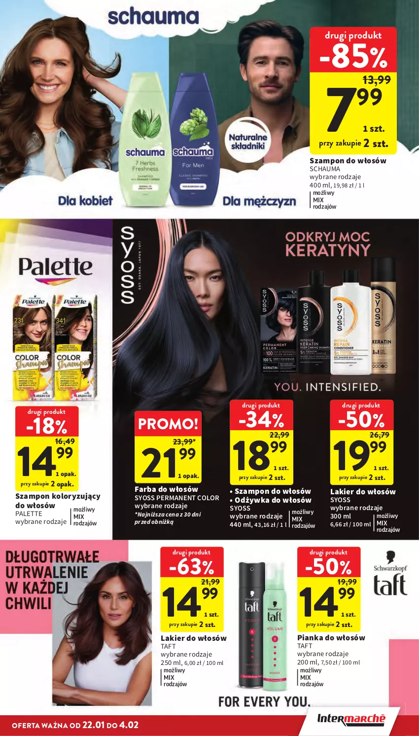 Gazetka promocyjna Intermarche - Gazetka Intermarche - ważna 22.01 do 28.01.2026 - strona 35 - produkty: Fa, Farba do włosów, Lakier, Lakier do włosów, Odżywka, Palette, Pianka do włosów, Schauma, Syoss, Szampon, Taft