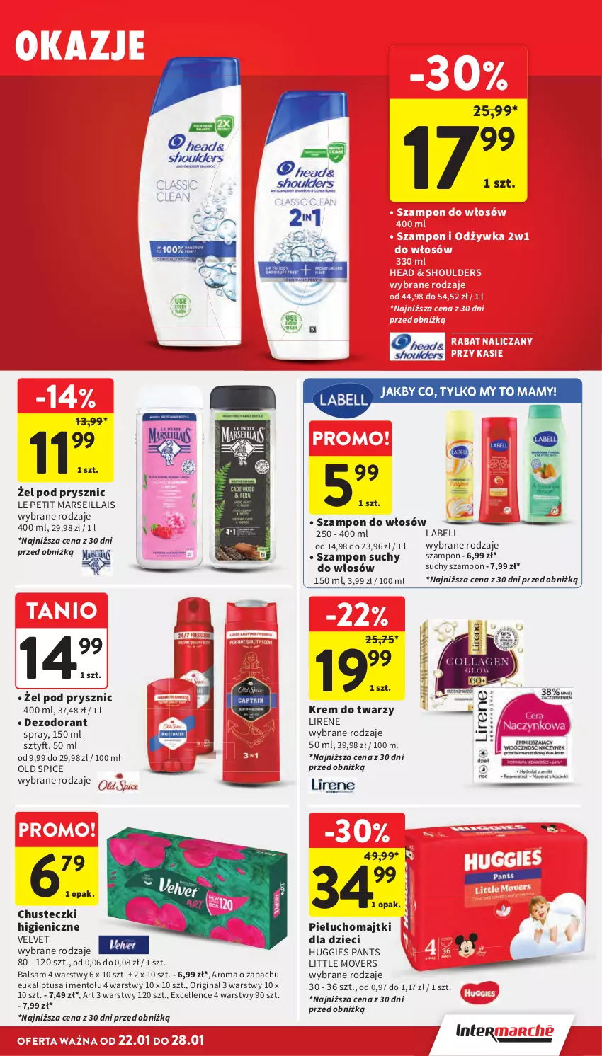 Gazetka promocyjna Intermarche - Gazetka Intermarche - ważna 22.01 do 28.01.2026 - strona 37 - produkty: Bell, Chusteczki, Dezodorant, Dzieci, Gin, Huggies, Krem do twarzy, Lirene, Majtki, Mars, Odżywka, Old Spice, Pieluchomajtki, Suchy szampon, Szampon, Velvet