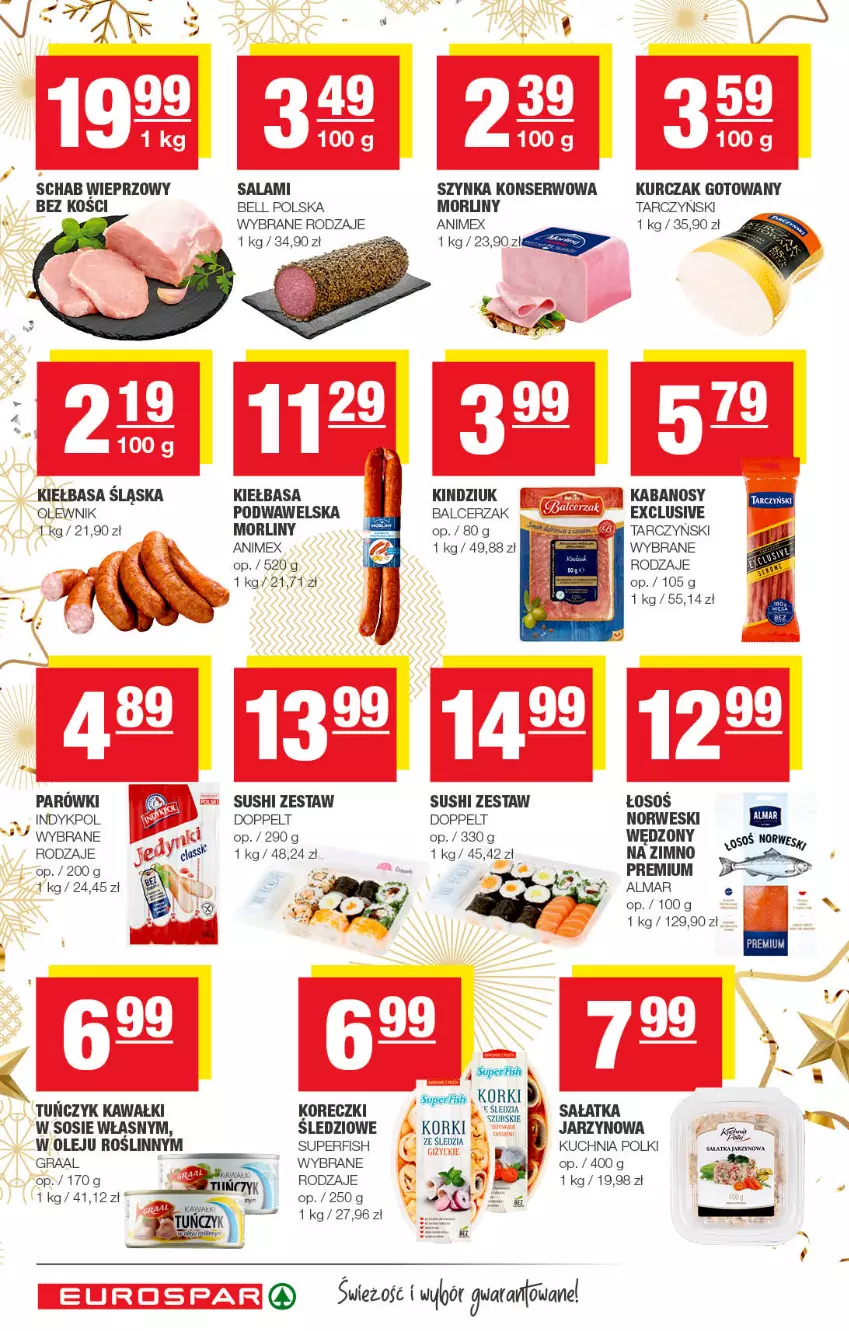 Gazetka promocyjna Spar - EuroSpar - ważna 27.12.2022 do 06.01.2023 - strona 4 - produkty: Bell, Gra, Graal, Kabanos, Kawa, Kiełbasa, Kiełbasa podwawelska, Kiełbasa śląska, Kindziuk, Kuchnia, Kurczak, Kurczak gotowany, Morliny, Olej, Olewnik, Salami, Sałat, Sałatka, Schab wieprzowy, Ser, Sos, Sushi, Szynka, Szynka konserwowa, Tarczyński, Wawel