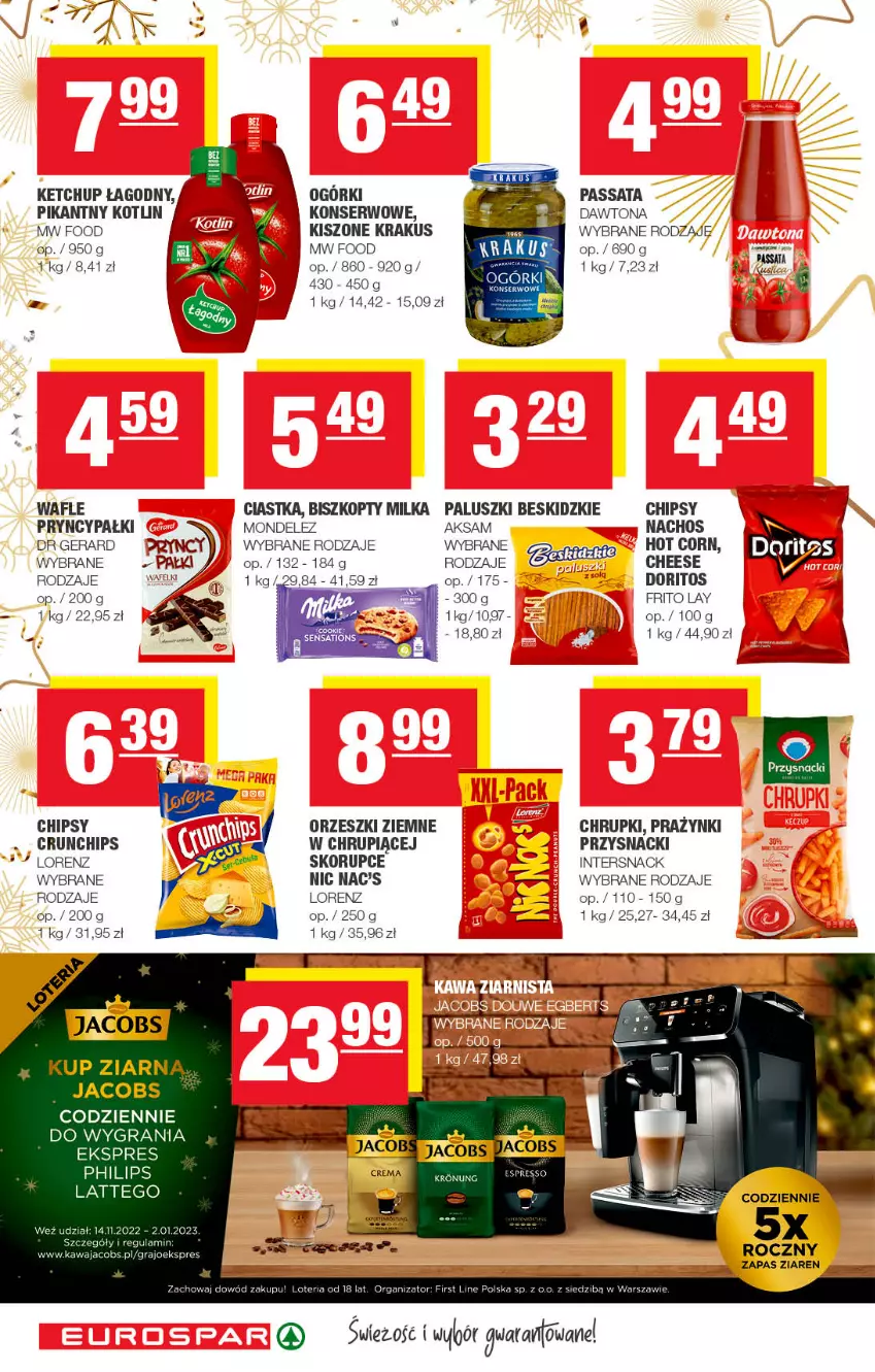 Gazetka promocyjna Spar - EuroSpar - ważna 27.12.2022 do 06.01.2023 - strona 6 - produkty: Aksam, Beskidzki, Biszkopty, Chipsy, Chrupki, Ciastka, Crunchips, Dawtona, Dr Gerard, Gra, Ketchup, Kotlin, Krakus, Lorenz, Milka, Orzeszki, Orzeszki ziemne, Philips, Przysnacki, Ser, Wafle