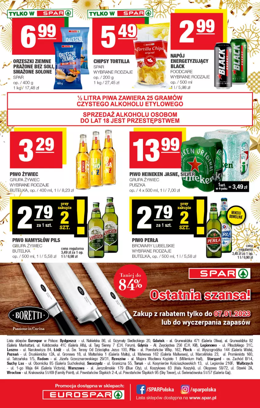 Gazetka promocyjna Spar - EuroSpar - ważna 27.12.2022 do 06.01.2023 - strona 8 - produkty: Chipsy, Dzieci, Fa, Gra, Heineken, Kosz, Lack, Namysłów, Orzeszki, Orzeszki ziemne, Perła, Piwo, Rum, Tortilla