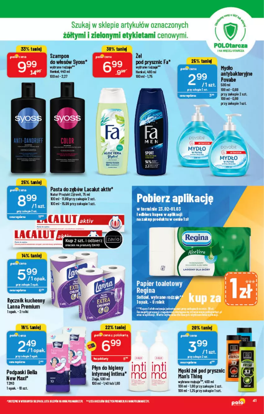 Gazetka promocyjna PoloMarket - Gazetka pomocyjna - ważna 23.02 do 01.03.2022 - strona 41 - produkty: Aloe vera, Bell, Bella, Fa, Lacalut, Papier, Papier toaletowy, Pasta do zębów, Podpaski, Ręcznik, Ręcznik kuchenny, Rolki, Syoss, Szampon