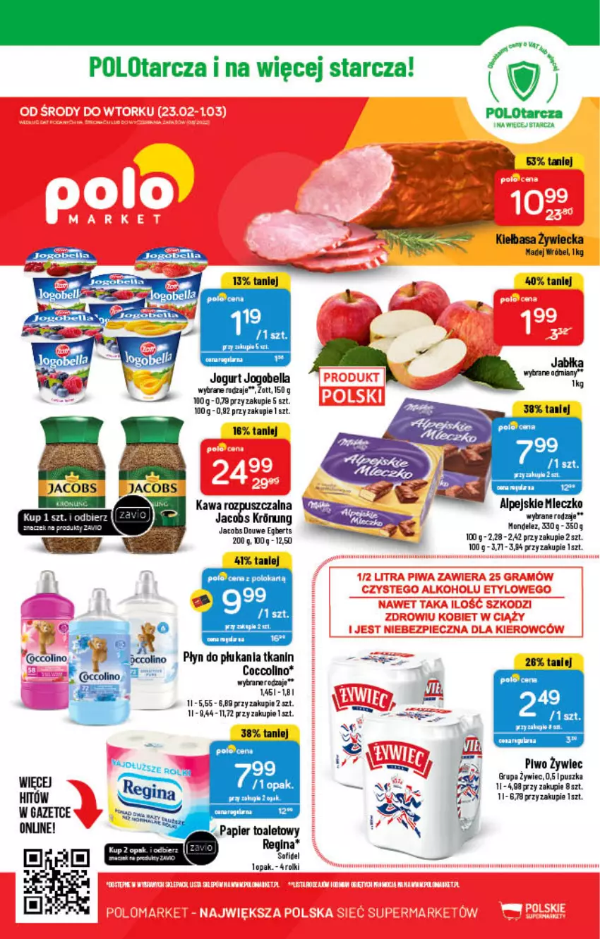 Gazetka promocyjna PoloMarket - Gazetka pomocyjna - ważna 23.02 do 01.03.2022 - strona 52 - produkty: Bell, Bella, Coccolino, Fa, Gin, Jabłka, Jacobs, Jogobella, Jogurt, Kawa, Kawa rozpuszczalna, Kiełbasa, Madej Wróbel, Mleczko, Papier, Papier toaletowy, Piwo, Płyn do płukania, Rolki, Zott