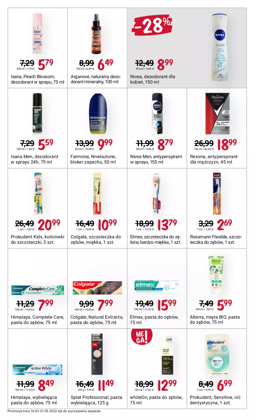 Gazetka promocyjna Rossmann - ważna 16.03 do 31.03.2022 - strona 10 - produkty: Alterra, Antyperspirant, Colgate, Dezodorant, Elmex, Fa, Himalaya, Isana, Końcówki do szczoteczk, LG, Mięta, Nić dentystyczna, Nivea, Nivea Men, Nivelazione, Pasta do zębów, Prokudent, Rexona, Szczoteczka, Szczoteczka do zębów