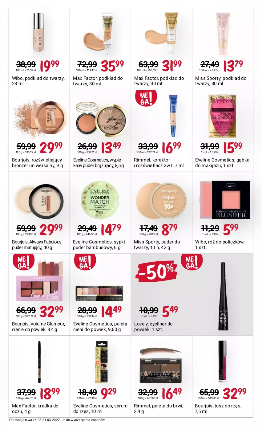 Gazetka promocyjna Rossmann - ważna 16.03 do 31.03.2022 - strona 13 - produkty: Always, Bourjois, Bronzer, Eveline, Fa, Kredka, Lovely, Makijaż, Max Factor, Miss Sporty, Paleta, Podkład, Podkład do twarzy, Por, Puder, Puder do twarzy, Róż do policzków, Rozświetlacz, Rum, Ser, Serum, Sport, Tusz, Wibo