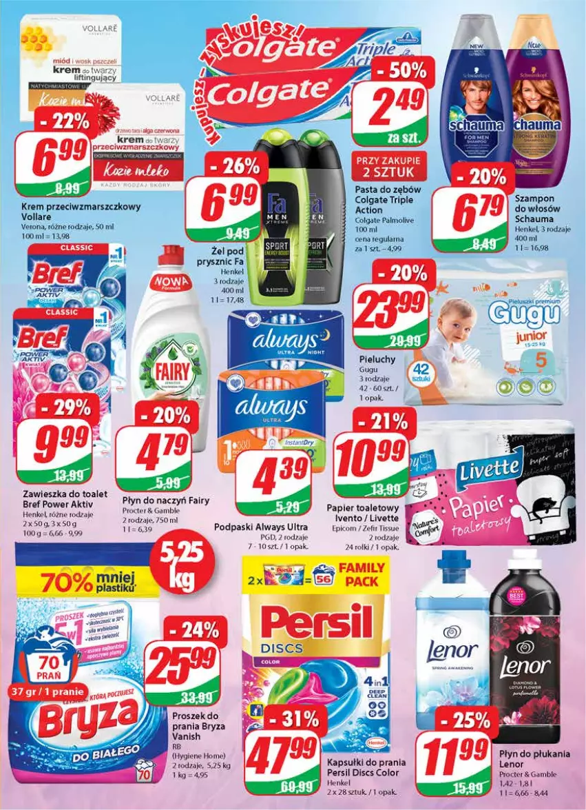 Gazetka promocyjna Dino - Gazetka - ważna 07.04 do 13.04.2021 - strona 23 - produkty: Always, Always Ultra, Bref, Bryza, Colgate, Fa, Fairy, Kapsułki do prania, Lenor, LG, Palmolive, Papier, Papier toaletowy, Persil, Pieluchy, Płyn do płukania, Podpaski, Por, Proszek do prania, Rolki, Schauma, Szampon, Vanish, Volare