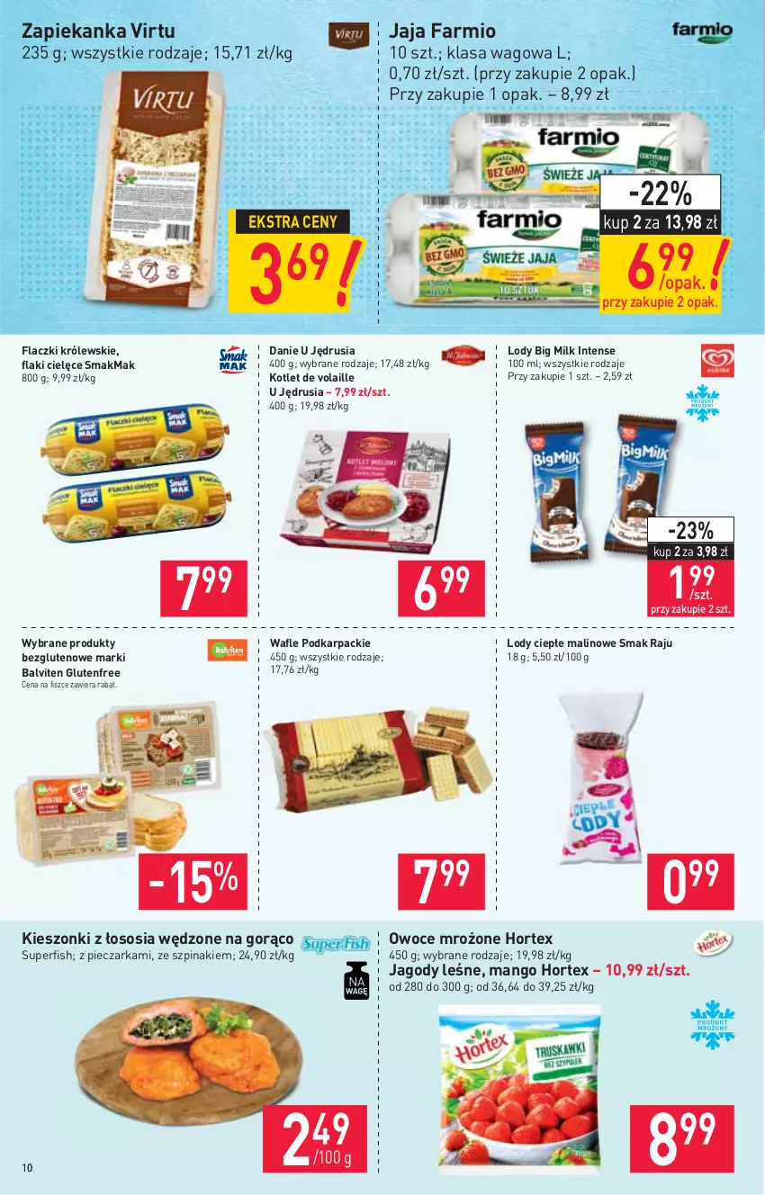 Gazetka promocyjna Stokrotka - Supermarket - ważna 30.09 do 06.10.2021 - strona 10 - produkty: Big Milk, Fa, Flaki, Gra, Hortex, Jagody, Jaja, Karp, Kotlet, Królewski, Lody, Mango, Owoce, Piec, Pieczarka, Piwa, Sos, Szpinak, Virtu, Wafle, Zapiekanka