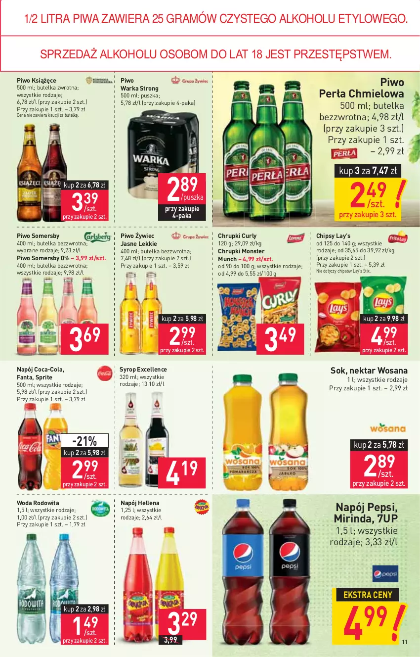 Gazetka promocyjna Stokrotka - Supermarket - ważna 30.09 do 06.10.2021 - strona 11 - produkty: 7up, Chipsy, Chrupki, Coca-Cola, Fa, Fanta, Gra, Hellena, Książęce, Lay’s, Mirinda, Monster Munch, Napój, Nektar, Pepsi, Perła, Piwa, Piwo, Sok, Somersby, Sprite, Syrop, Warka, Woda, Wosana