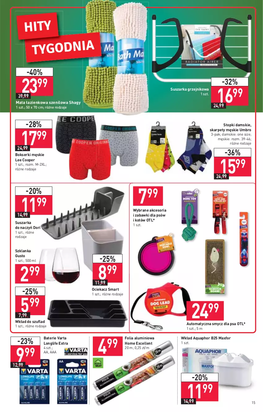 Gazetka promocyjna Stokrotka - Supermarket - ważna 30.09 do 06.10.2021 - strona 15 - produkty: Aquaphor, Bokserki, Folia aluminiowa, Grzejnik, Karp, Mata łazienkowa, Ociekacz, Ser, Smycz, Suszarka, Suszarka do naczyń, Szklanka, Top, Varta, Wkład do szuflad, Zabawki dla psów