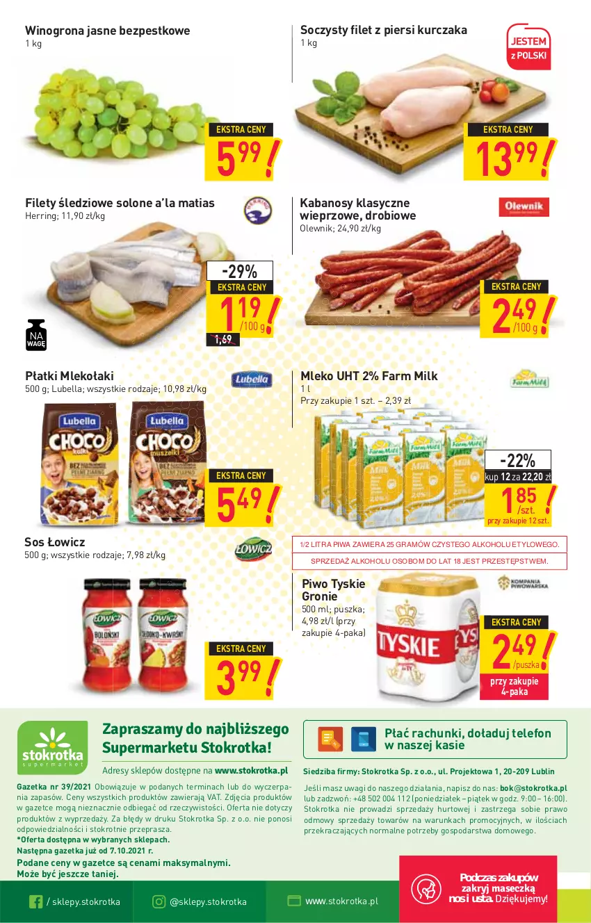 Gazetka promocyjna Stokrotka - Supermarket - ważna 30.09 do 06.10.2021 - strona 16 - produkty: Bell, Bella, Fa, Farm Milk, Filet z piersi kurczaka, Gra, Kabanos, Kurczak, Lubella, Mleko, O nas, Olewnik, Piwa, Piwo, Sos, Telefon, Tyskie, Wagi, Wino, Winogrona