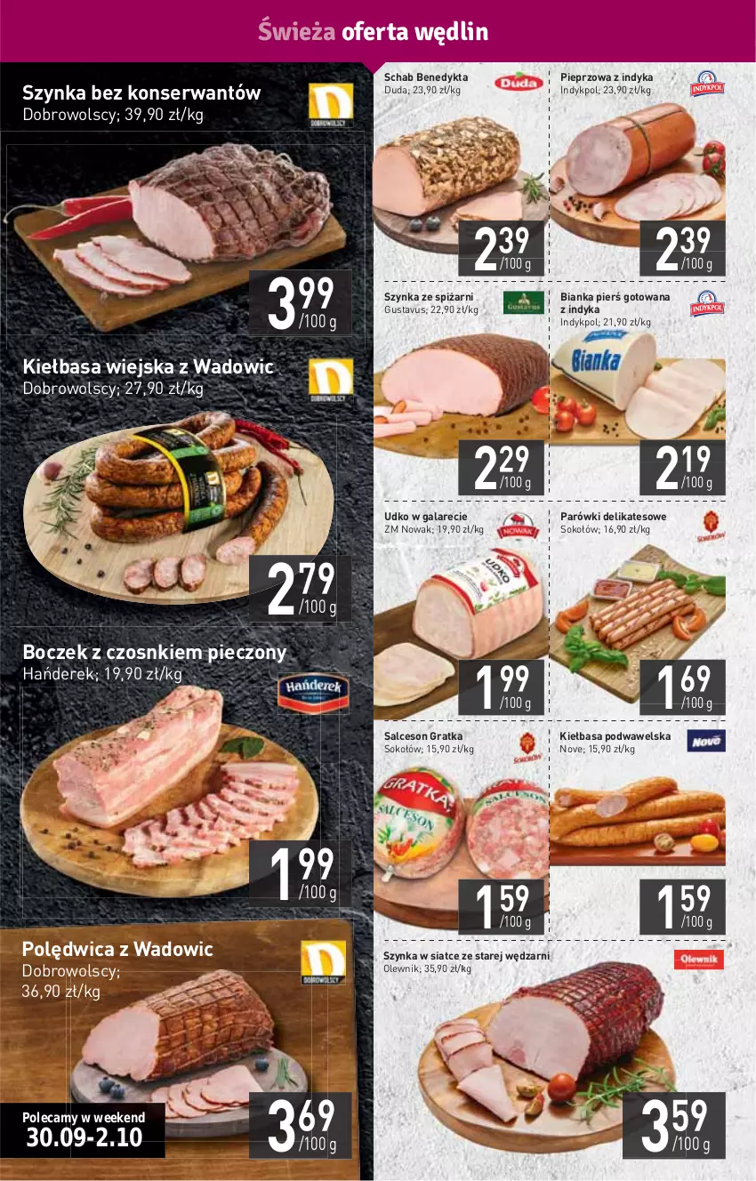 Gazetka promocyjna Stokrotka - Supermarket - ważna 30.09 do 06.10.2021 - strona 4 - produkty: Bianka, Boczek, Duda, Gala, Gra, HP, Kiełbasa, Kiełbasa podwawelska, Kiełbasa wiejska, NOWAK, Olewnik, Parówki, Piec, Pieprz, Polędwica, Salceson, Schab Benedykta, Ser, Sok, Sokołów, Szynka, Wawel