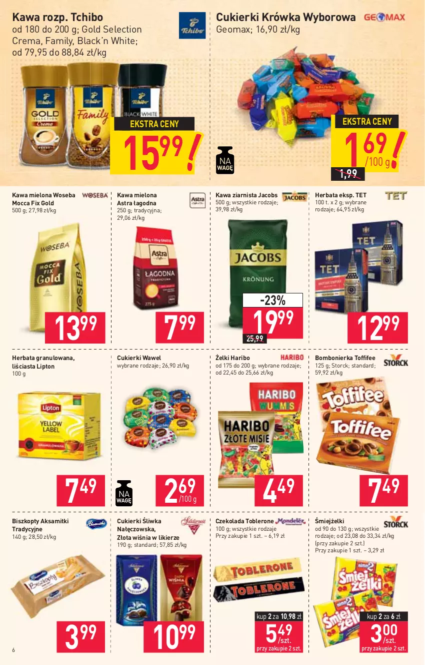 Gazetka promocyjna Stokrotka - Supermarket - ważna 30.09 do 06.10.2021 - strona 6 - produkty: Aksam, Biszkopty, Cukier, Cukierki, Czekolada, Fa, Gra, Haribo, Herbata, Jacobs, Kawa, Kawa mielona, Kawa ziarnista, Lack, Likier, Lipton, Mocca Fix Gold, Tchibo, Toblerone, Toffifee, Wawel, Woseba, Wyborowa