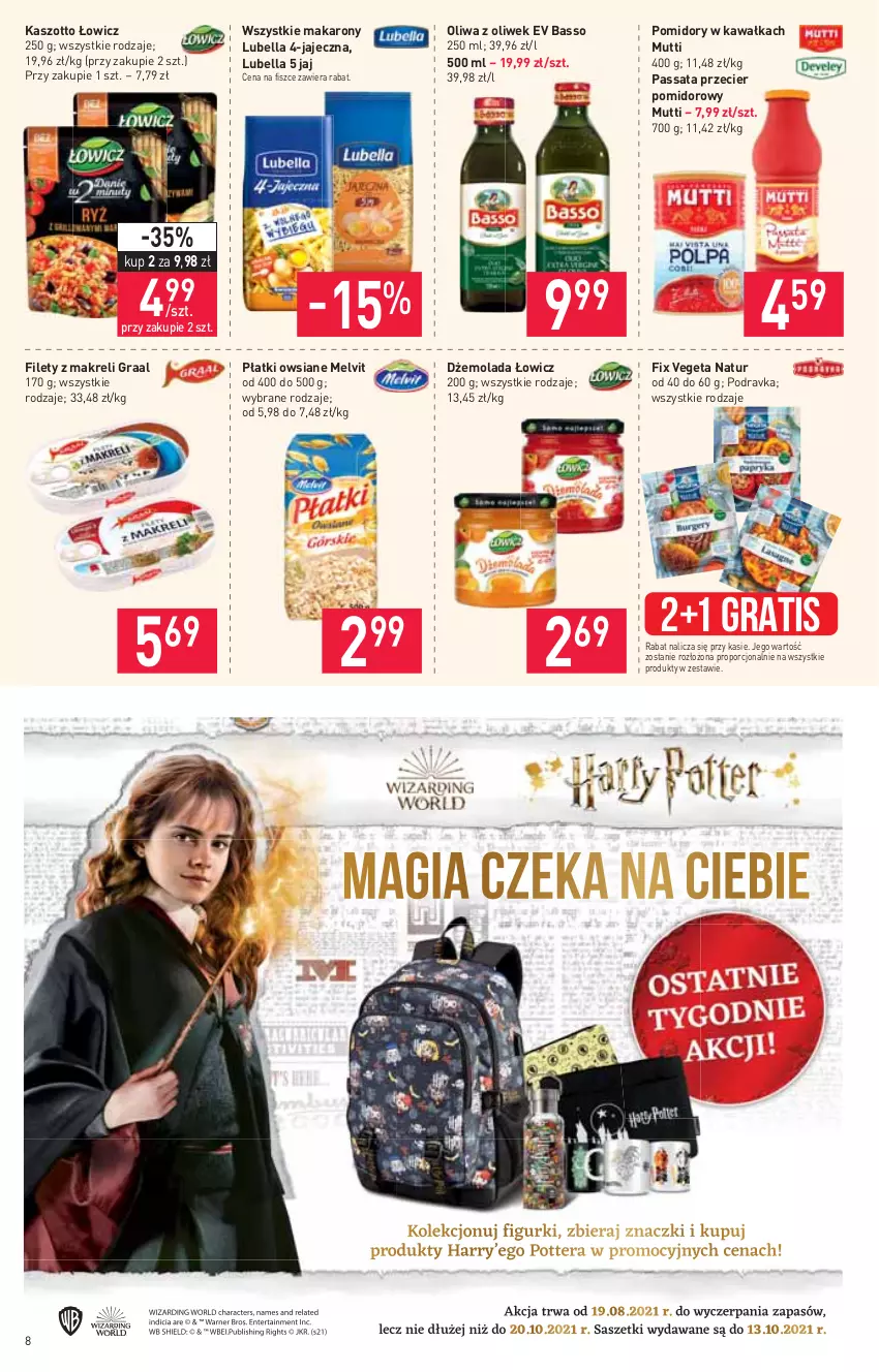 Gazetka promocyjna Stokrotka - Supermarket - ważna 30.09 do 06.10.2021 - strona 8 - produkty: Bell, Bella, Dżem, Gra, Graal, Kawa, Lubella, Makaron, Melvit, Mola, Oliwa z oliwek, Płatki owsiane, Podravka, Pomidory, Pomidory w kawałkach, Por, Vegeta, Vegeta Natur, Zott