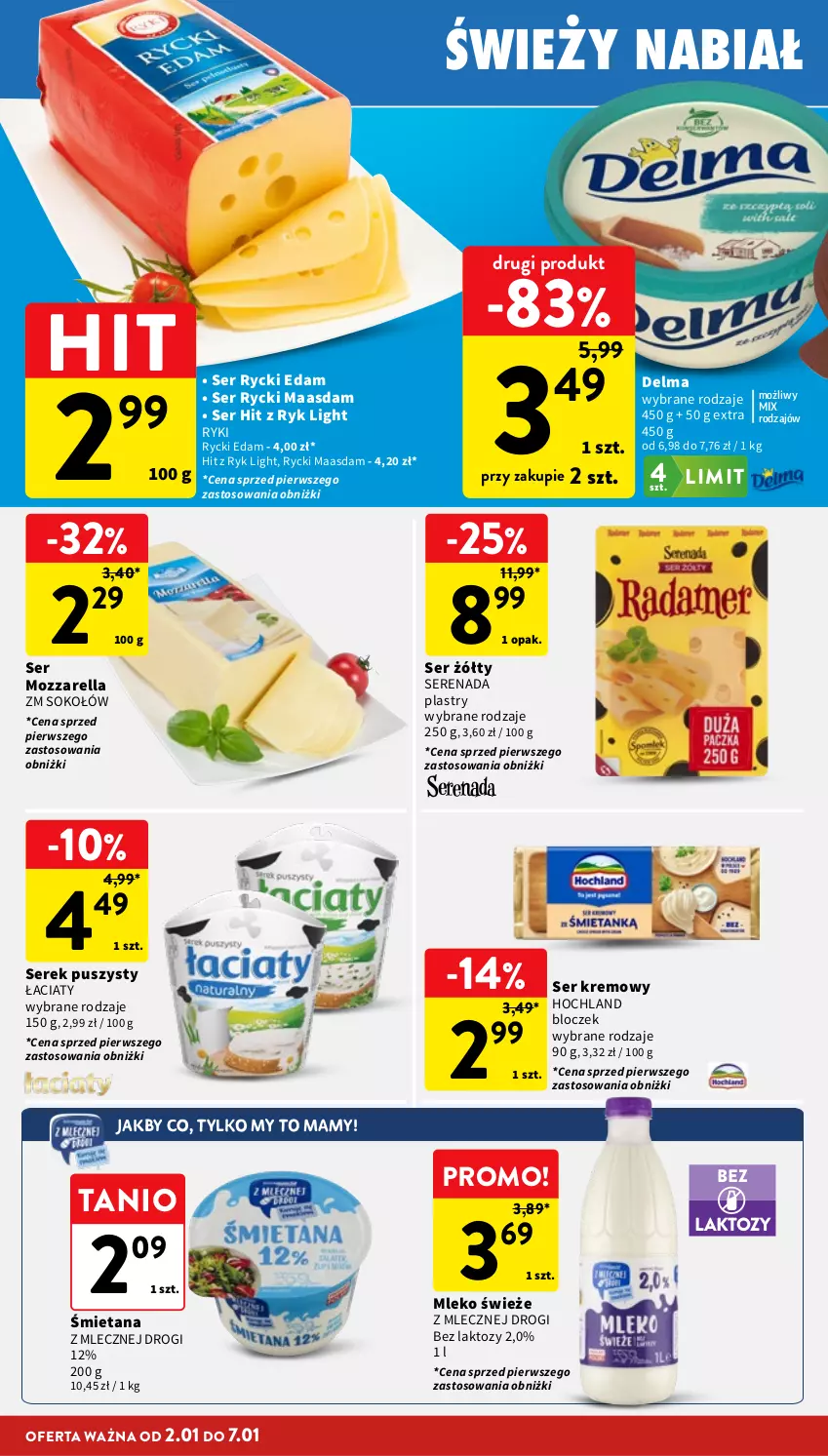 Gazetka promocyjna Intermarche - Gazetka Intermarche - ważna 02.01 do 07.01.2026 - strona 22 - produkty: Delma, Edam, Hochland, Maasdam, Mleko, Mozzarella, Rycki Edam, Ser, Serek, Serek puszysty, Sok, Sokołów