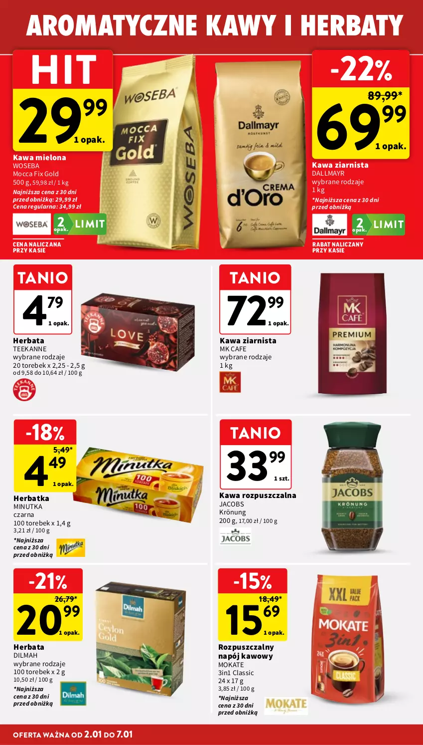 Gazetka promocyjna Intermarche - Gazetka Intermarche - ważna 02.01 do 07.01.2026 - strona 24 - produkty: Dallmayr, Dilmah, Herbata, Jacobs, Jacobs Krönung, Kawa, Kawa mielona, Kawa rozpuszczalna, Kawa ziarnista, Mocca Fix Gold, Napój, Teekanne, Woseba