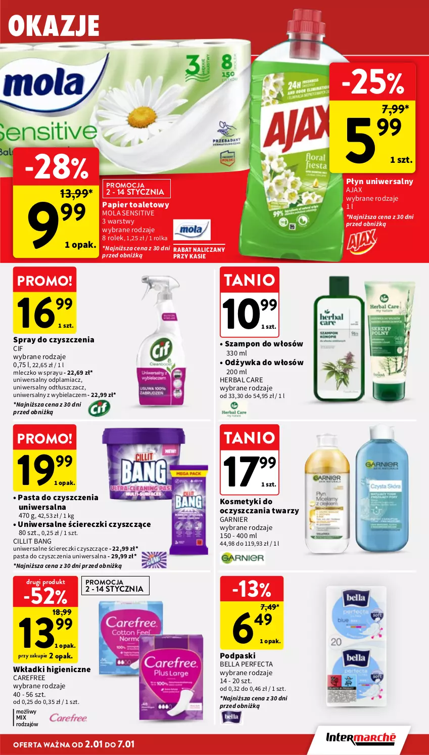 Gazetka promocyjna Intermarche - Gazetka Intermarche - ważna 02.01 do 07.01.2026 - strona 37 - produkty: Ajax, Bell, Bella, Carefree, Cif, Cillit Bang, Garnier, Mleczko, Mola, Odplamiacz, Odtłuszczacz, Odżywka, Papier, Papier toaletowy, Perfecta, Podpaski, Spray do czyszczenia, Szampon, Wkładki