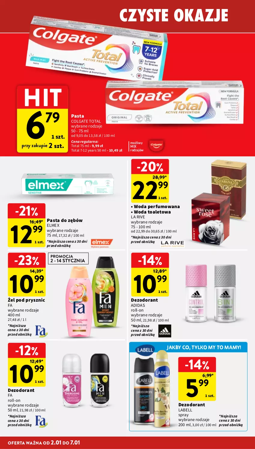 Gazetka promocyjna Intermarche - Gazetka Intermarche - ważna 02.01 do 07.01.2026 - strona 38 - produkty: Adidas, Bell, Colgate, Colgate Total, Dezodorant, Elmex, Fa, La Rive, LG, Pasta do zębów, Perfum, Woda, Woda perfumowana, Woda toaletowa
