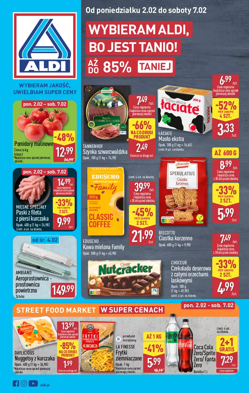 Gazetka promocyjna Aldi - Pełna oferta - ważna 02.02 do 07.02.2026 - strona 1 - produkty: Ciastka, Czekolada, Deser, Fa, Fanta, Frytki, Gra, Kawa, Kawa mielona, Kurczak, Masło, Mięsne specjały, Pomidory, Ser, Sprite, Szynka