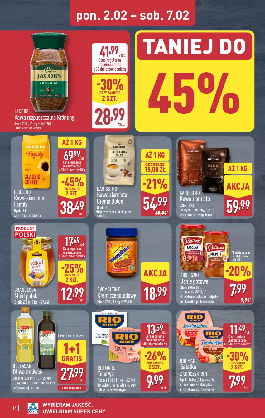 Gazetka promocyjna Aldi - Pełna oferta - ważna 02.02 do 07.02.2026 - strona 14 - produkty: Bell, Bella, Danie gotowe, Fa, Gin, Gra, Jacobs, Kawa, Kawa rozpuszczalna, Kawa ziarnista, Kuskus, Miód, Oliwa z oliwek, Pudliszki, Pulpety, Rio Mare, Sałat, Sałatka, Sos, Top, Tuńczyk