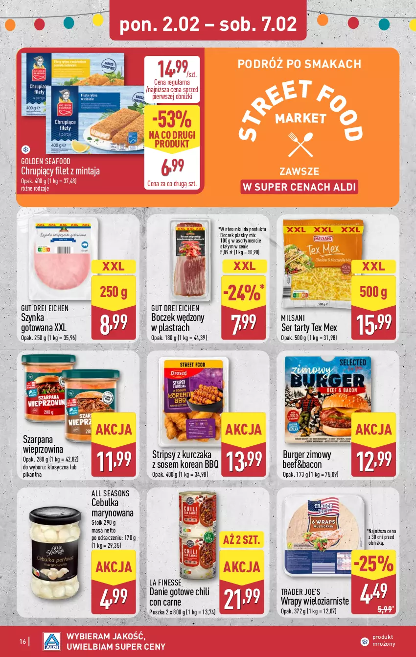 Gazetka promocyjna Aldi - Pełna oferta - ważna 02.02 do 07.02.2026 - strona 16 - produkty: All Seasons, Boczek, Burger, Danie gotowe, Filet z mintaja, Golden Seafood, Kurczak, Mintaj, Ser, Sos, Szynka, Wieprzowina