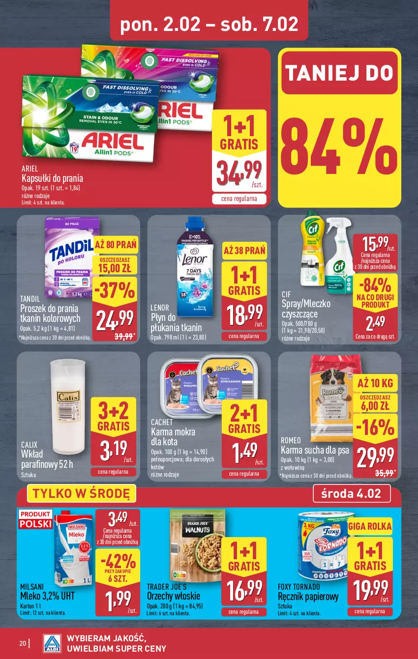 Gazetka promocyjna Aldi - Pełna oferta - ważna 02.02 do 07.02.2026 - strona 20 - produkty: Ariel, Cif, Foxy, Gra, Kapsułki do prania, Lenor, Mleczko, Mleko, Orzechy włoskie, Papier, Płyn do płukania, Por, Proszek do prania, Ręcznik
