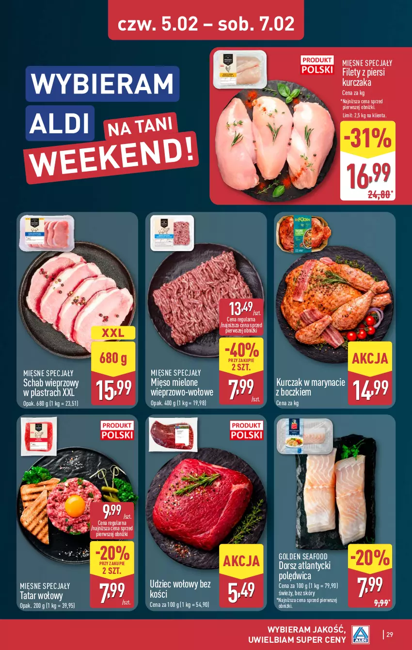 Gazetka promocyjna Aldi - Pełna oferta - ważna 02.02 do 07.02.2026 - strona 29 - produkty: Dorsz, Golden Seafood, Kurczak, Mięsne specjały, Mięso, Mięso mielone, Polędwica, Schab wieprzowy, Tatar wołowy, Udziec wołowy