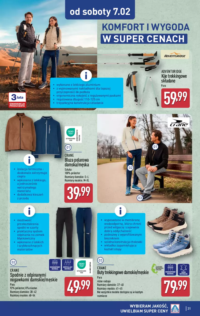 Gazetka promocyjna Aldi - Pełna oferta - ważna 02.02 do 07.02.2026 - strona 31 - produkty: Bieżnik, Bluza, Bluza polarowa, Buty, Kije, LG, Por, Spodnie, Szorty, Top