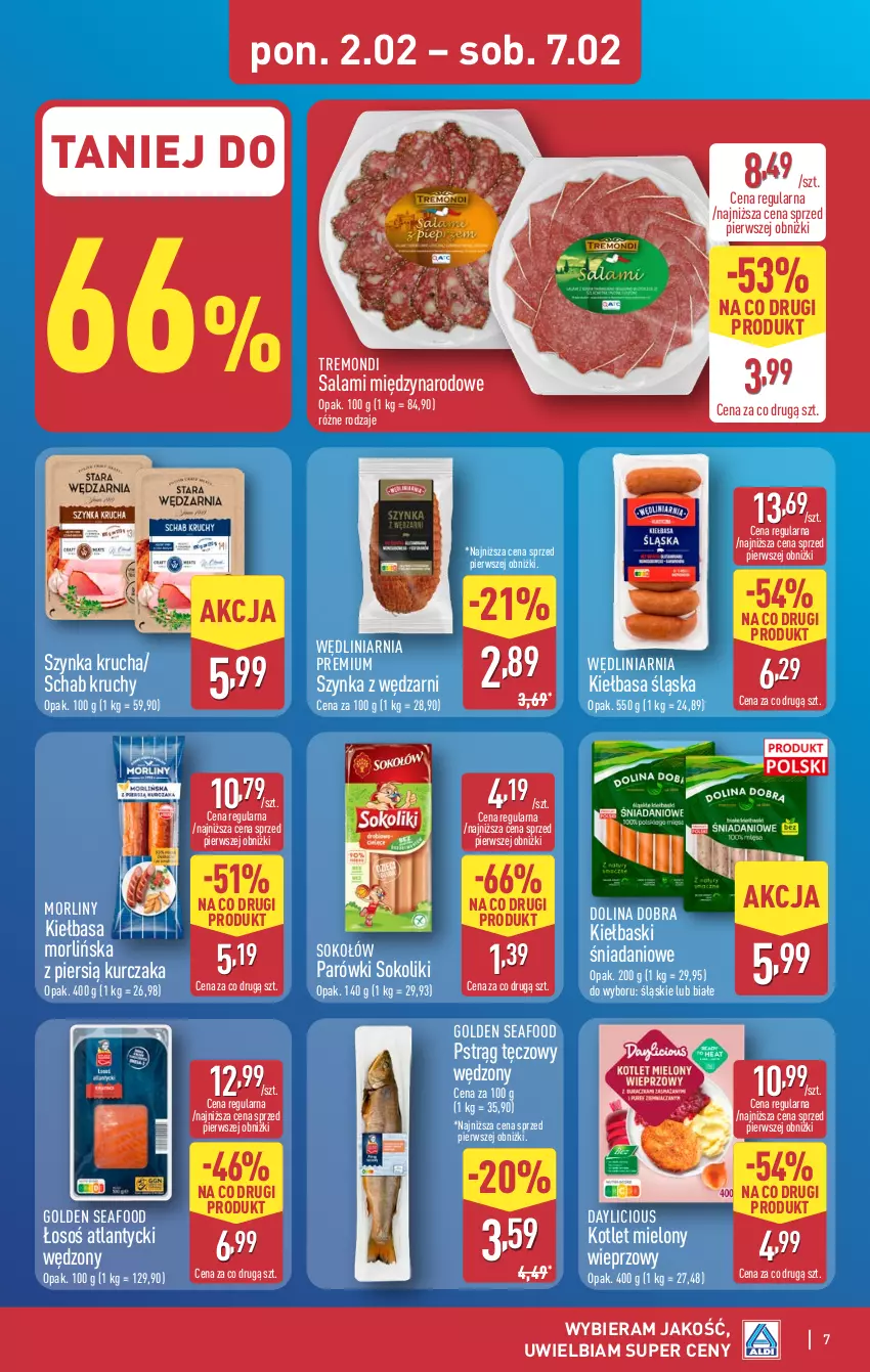 Gazetka promocyjna Aldi - Pełna oferta - ważna 02.02 do 07.02.2026 - strona 7 - produkty: Danio, Golden Seafood, Kiełbasa, Kiełbasa śląska, Kotlet, Kurczak, Morliny, Parówki, Parówki sokoliki, Pstrąg, Pstrąg tęczowy, Salami, Sok, Sokołów, Szynka