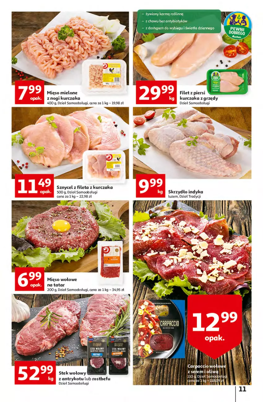 Gazetka promocyjna Auchan - przeNISKIE CENY Jedz zdrowo i czuj się przepięknie Hipermarkety - ważna 10.03 do 16.03.2022 - strona 11 - produkty: Carpaccio, Kurczak, Mięso, Mięso mielone, Mięso wołowe, Rostbef, Stek, Stek wołowy