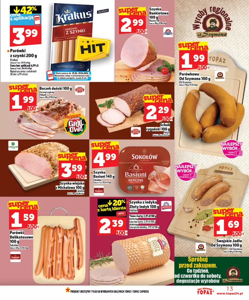 Gazetka promocyjna Topaz - Gazetka - ważna 23.04 do 29.04.2026 - strona 13 - produkty: Boczek, Krakus, LG, Parówki, Parówki z szynki, Por, Sok, Sokołów, Szynka, Top
