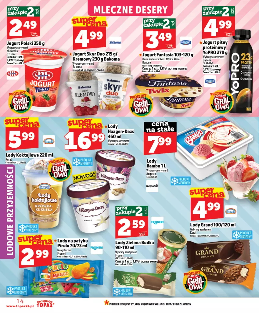 Gazetka promocyjna Topaz - Gazetka - ważna 23.04 do 29.04.2026 - strona 14 - produkty: Bakoma, Fa, Fanta, Gra, Isla, Jogurt, Jogurt pitny, Lody, Mango, Ser, Top, Twix, Zielona Budka